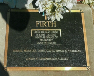 Headstone for John Thomas Firth, Benalla Cemetery, Victoria JOHN THOMAS FIRTH